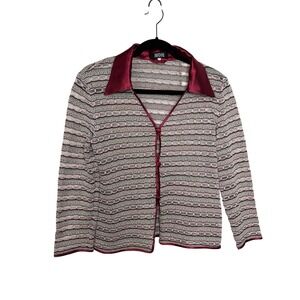 Y2K Non Burgundy Satin Collar Textured Knit Button Front Cardigan Sz M‎